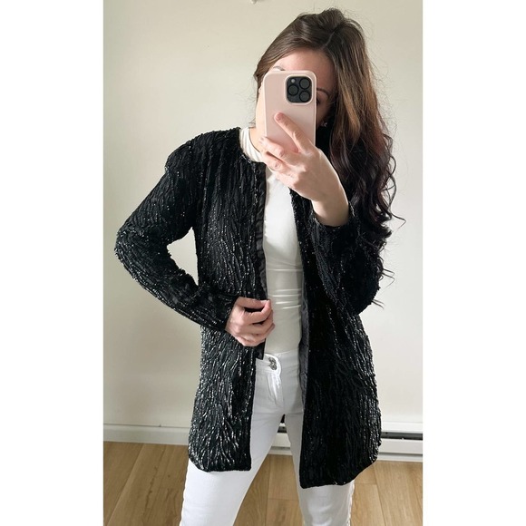 Vintage Black Sequin Silk Cocktail Blazer sz Small